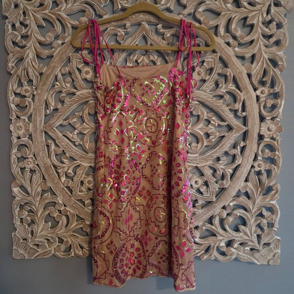 Free People show off mini sequin dress pink tan Size 10 - Picture 7 of 11